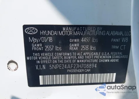 2018 Hyundai Sonata Se z USA, uszkodzony, nr VIN 5NPE24AF2JH708894